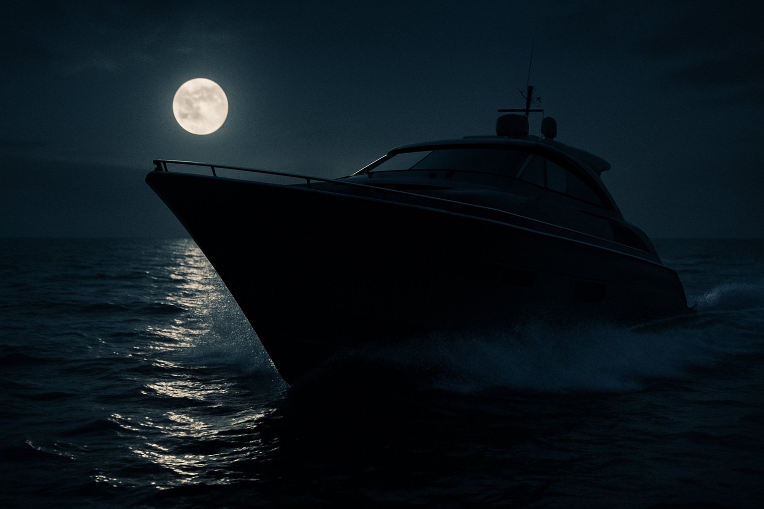 Dark yacht bow cutting moonlit water