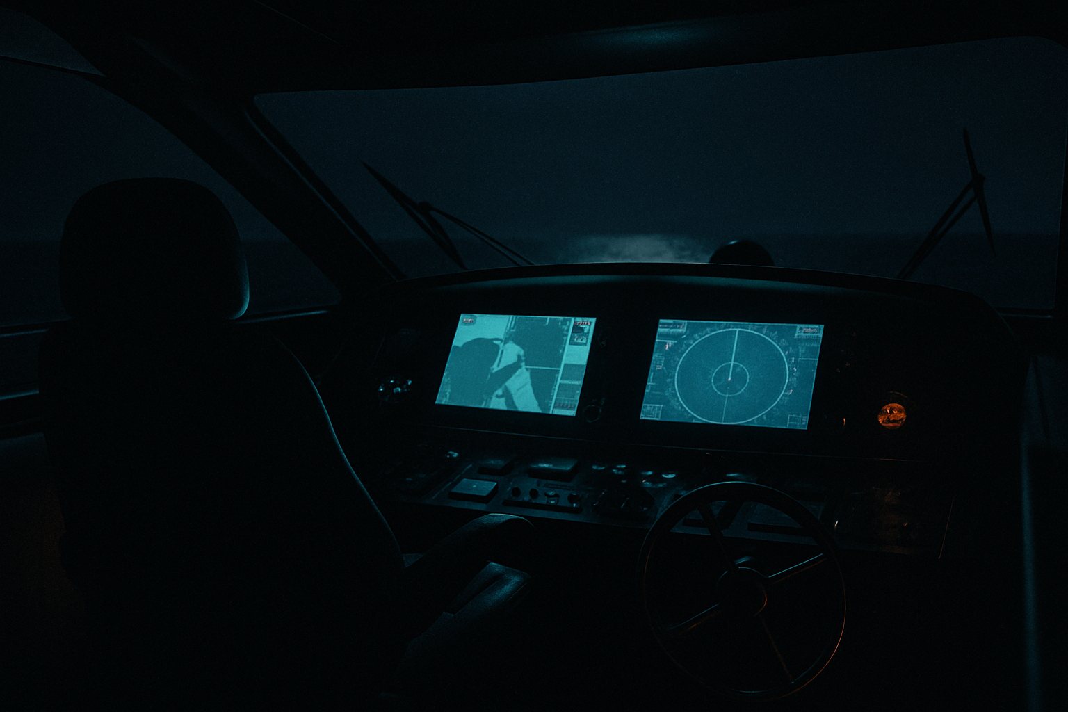 Darkened yacht bridge at night, instruments casting teal light onto glass