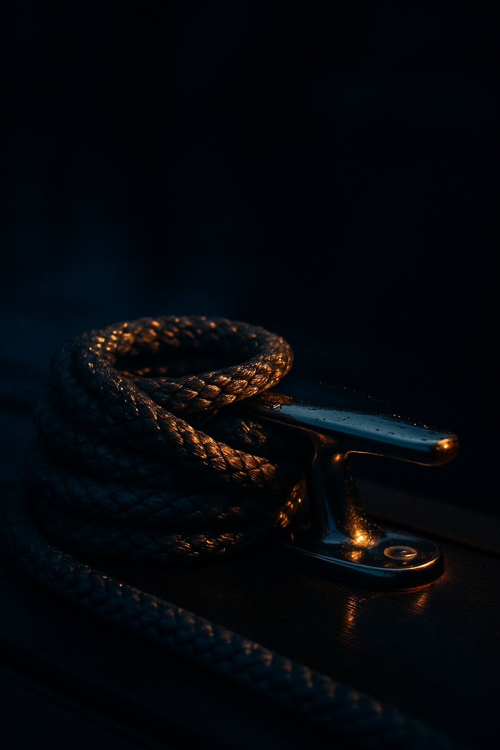 Wet braided dock line coiled on a polished stainless cleat under a warm lamp